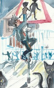 Mischievous Vijay climbs up a School Crossing signpost.